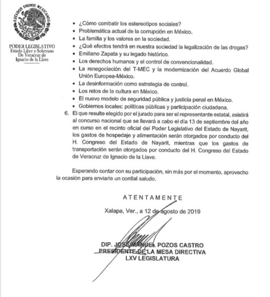 El Congreso de Veracruz solo se disculpó con joven orador a quien prometió apoyo para concurso