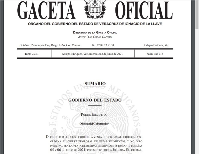 Gobernador ordena Ley Seca en Veracruz por la jornada electoral
