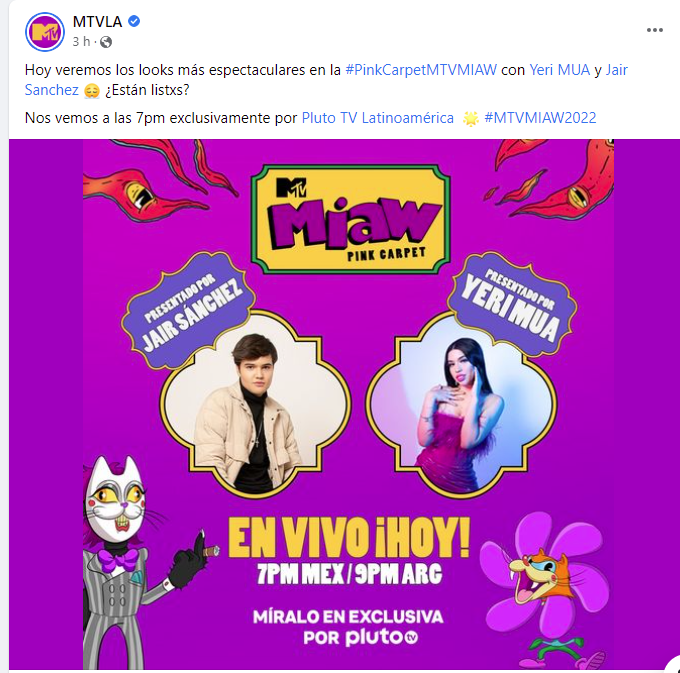 Hoy Papi Kunno y Yeri MUA en alfombra rosa de los MTV MIAU 2022 xeu