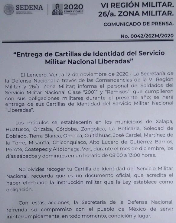 Anuncian entrega de Cartillas del Servicio Militar Liberadas en el estado de Veracruz