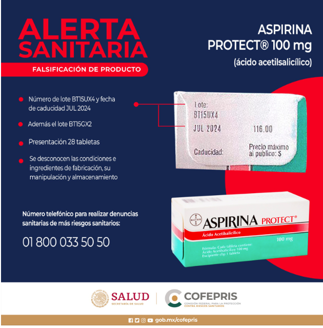 Cofepris emite alerta sanitaria por falsificación de Aspirina Protect de 100 mg