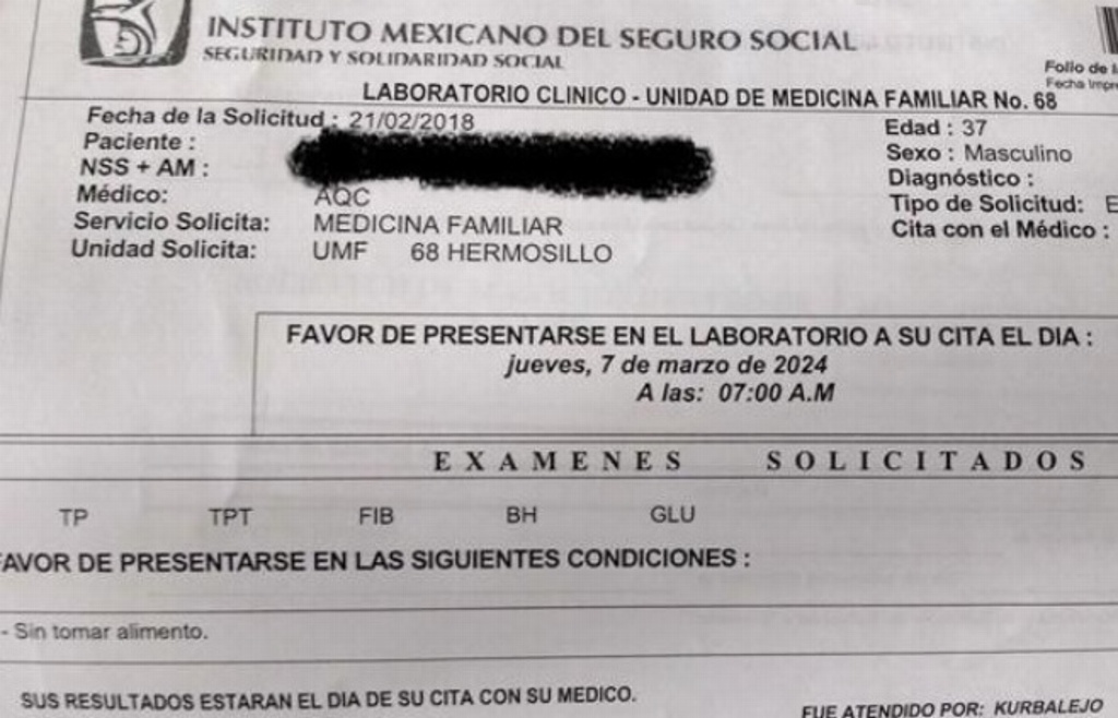 Imagen Expide IMSS receta a paciente para realizarse análisis en el año 2024