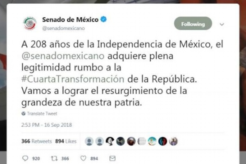 Imagen Indigna tuit del Senado que aludía a la Cuarta Transformación