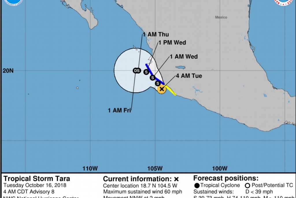 Imagen Centro de la tormenta “Tara” se localiza más cerca de la costa de Colima