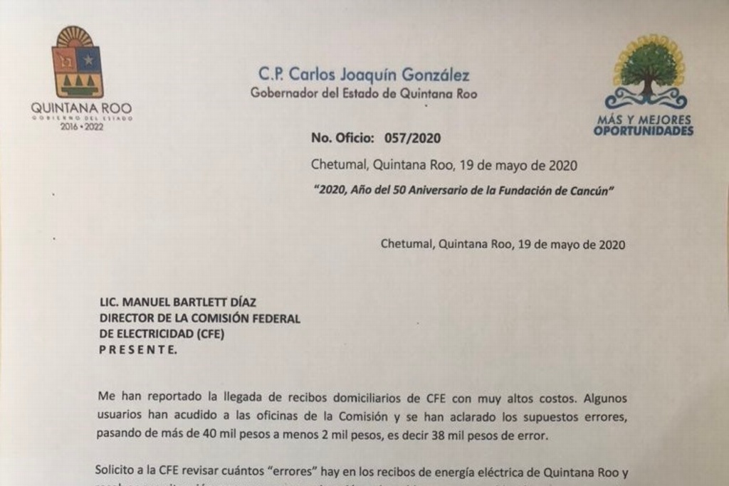 Imagen Gobierno de Quintana Roo exige a CFE revisar “errores” en recibos de luz