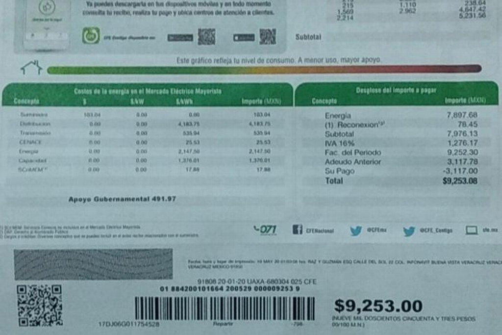 Imagen Dos meses sin trabajar, padece COVID y le llega recibo de CFE de 9 mil pesos en Veracruz 