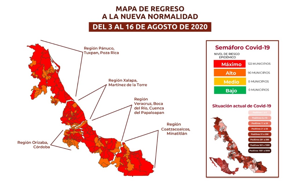 Imagen Siguen 122 municipios de Veracruz en semáforo rojo de COVID-19 y 90 en naranja