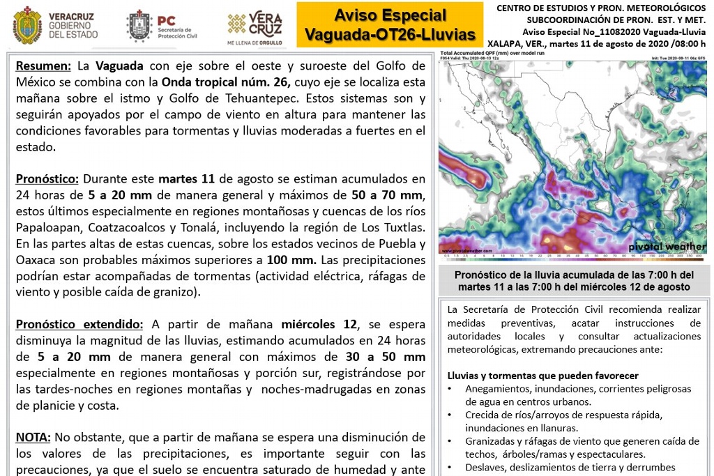 Imagen Actualizan aviso especial por vaguada y lluvias en el estado de Veracruz 