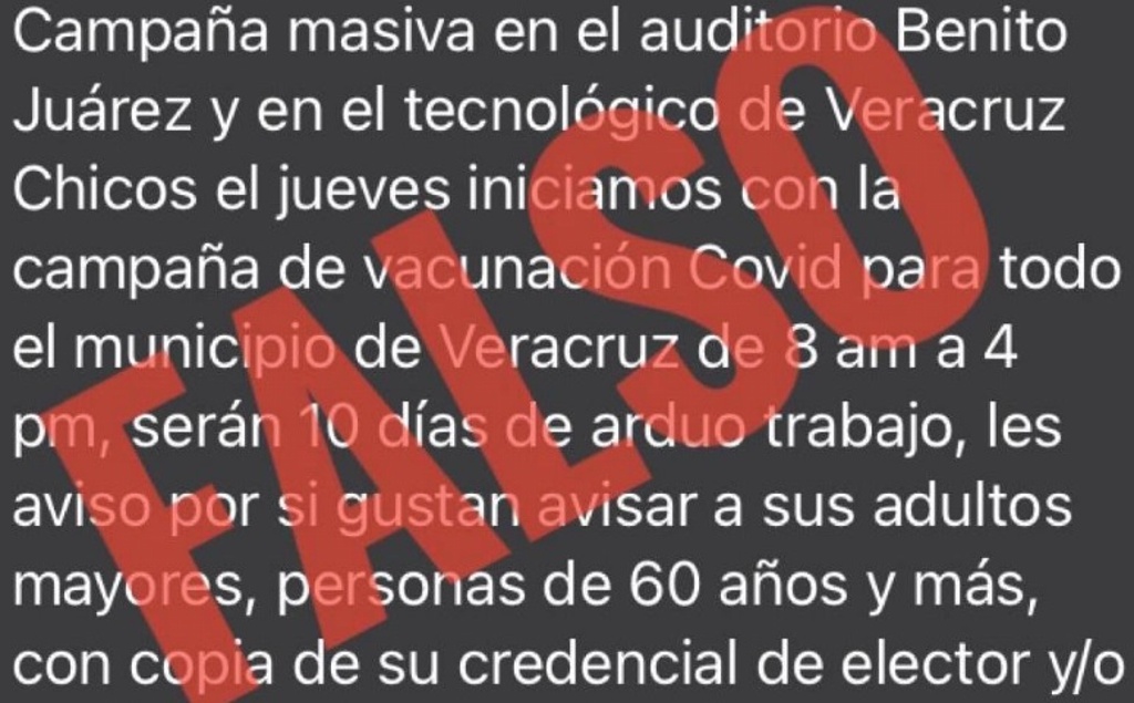 Imagen Alertan sobre FALSO mensaje en redes que anuncia campaña de vacunación anticovid en Veracruz