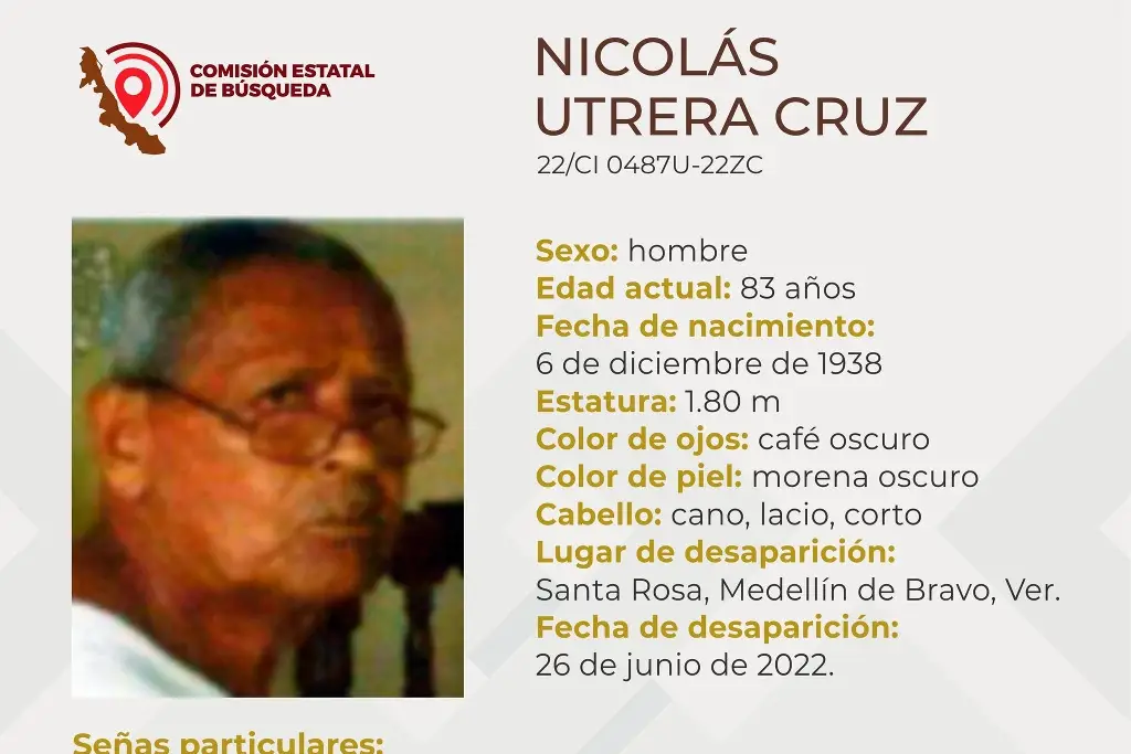 Imagen Desaparece hombre de la tercera edad en Medellín de Bravo