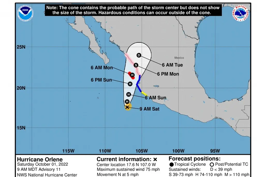 Imagen 'Orlene' se convierte en huracán de categoría 1; prevén lluvias para Colima y Jalisco