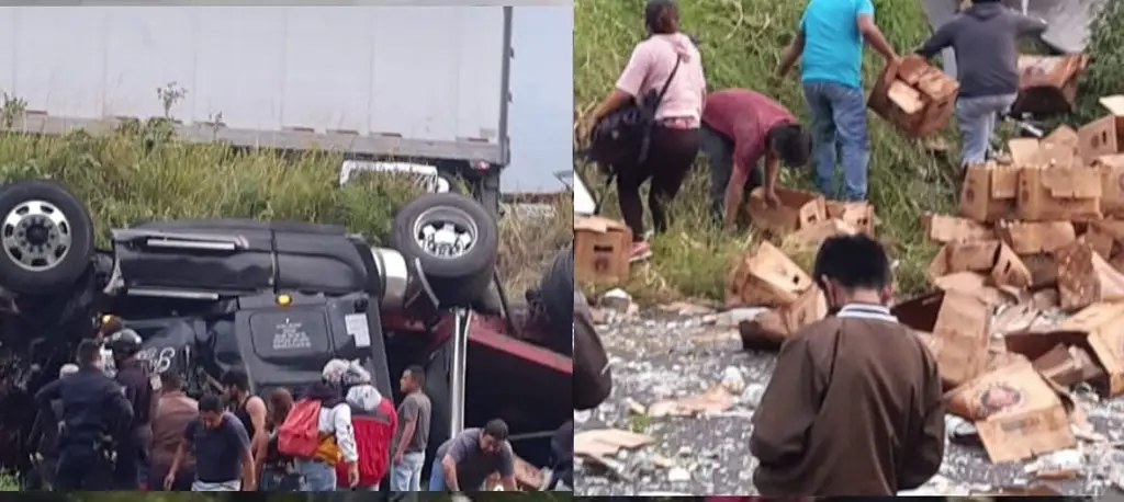 Imagen Conductor atrapado tras volcar y pobladores a la rapiña en autopista de Veracruz