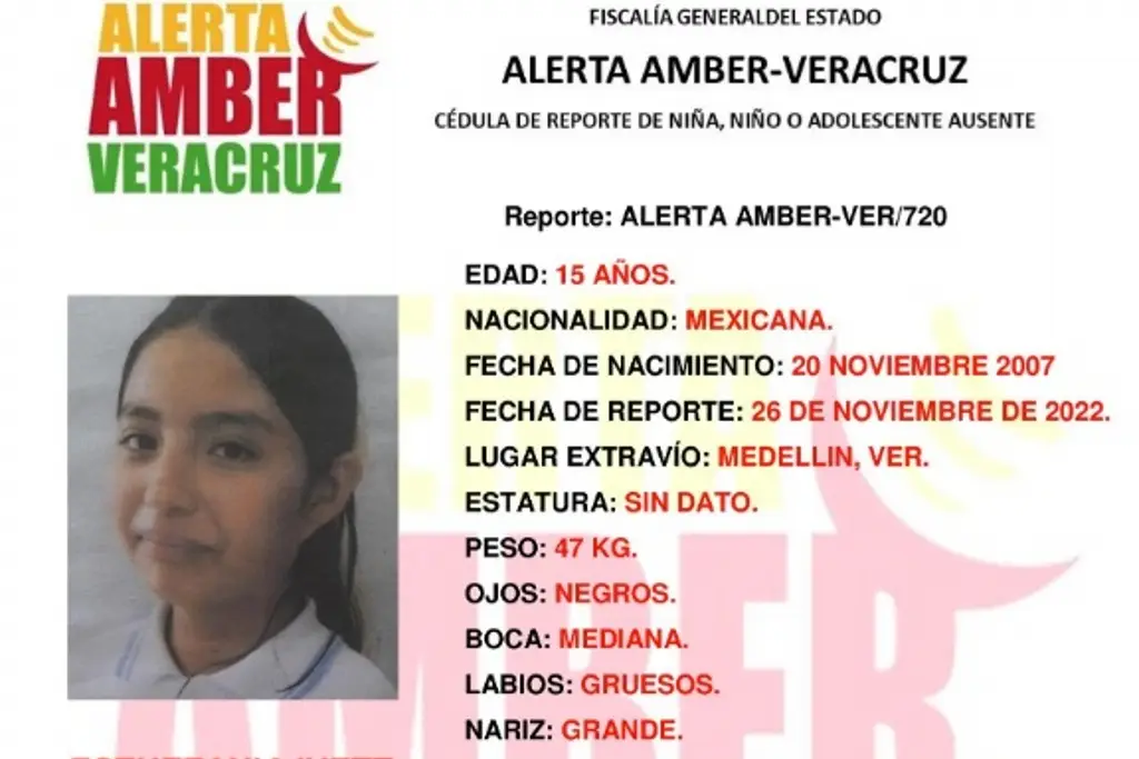 Imagen Emiten Alerta Amber por desaparición de adolescente en Medellín, Veracruz 