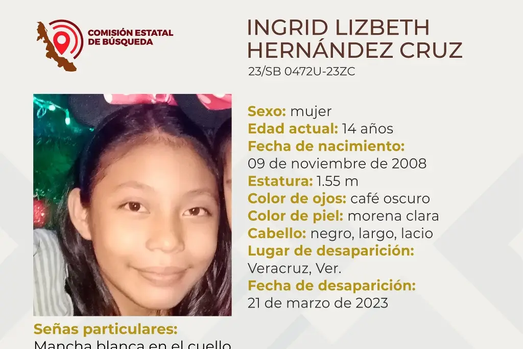 Imagen Piden ayuda para localizar a menor de edad desaparecida en el puerto de Veracruz 