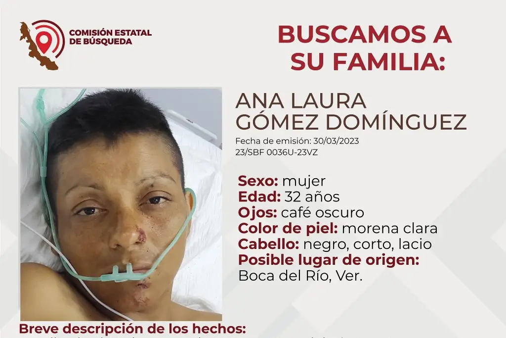 Imagen Buscan a familia de mujer que está hospitalizada en Boca del Río 