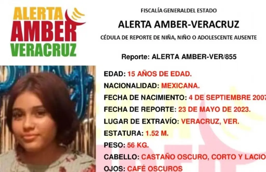 Imagen Emiten Alerta Amber por desaparición adolescente de 15 años en Veracruz