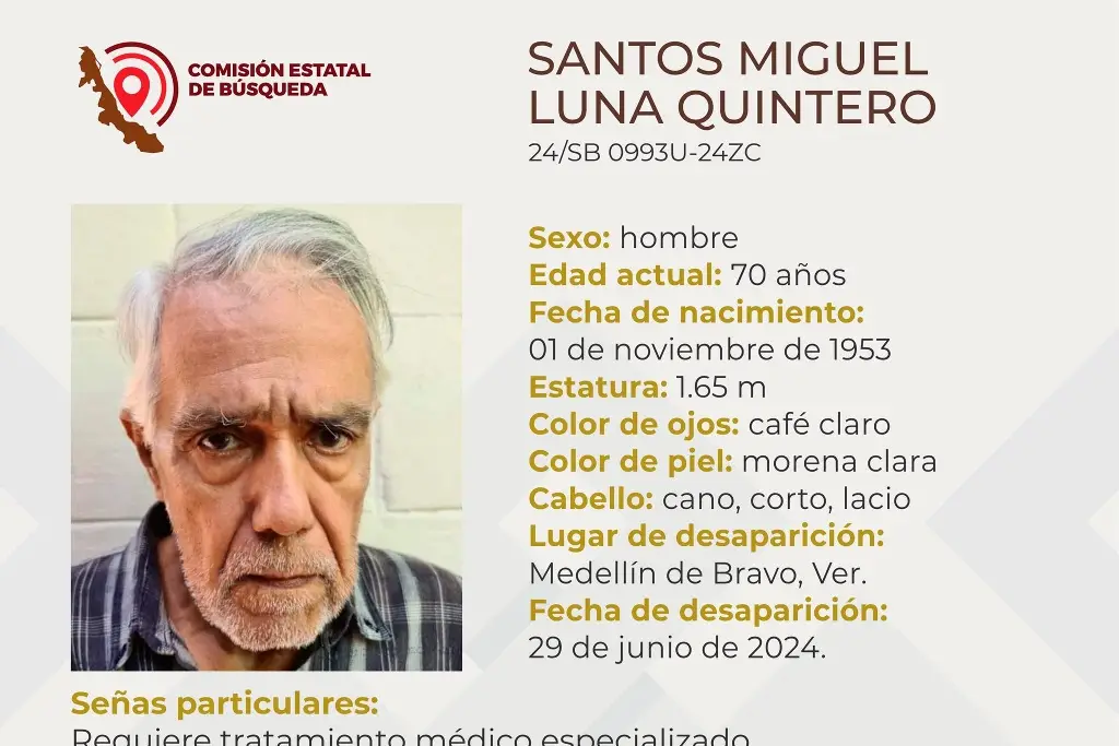 Imagen Él es Santos Miguel, tiene 70 años y desapareció en Medellín de Bravo 