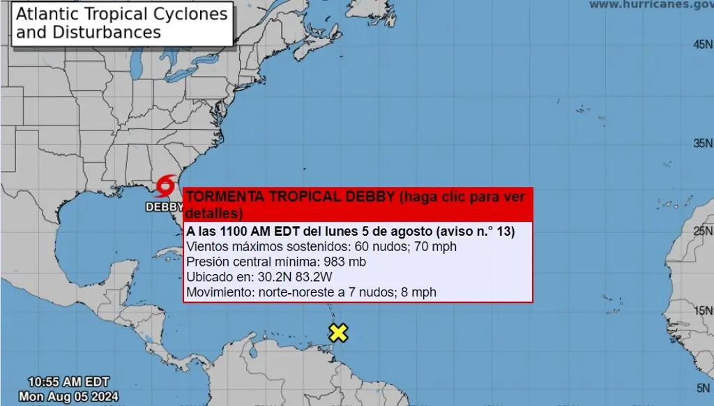 Imagen Debby se debilita a tormenta tropical