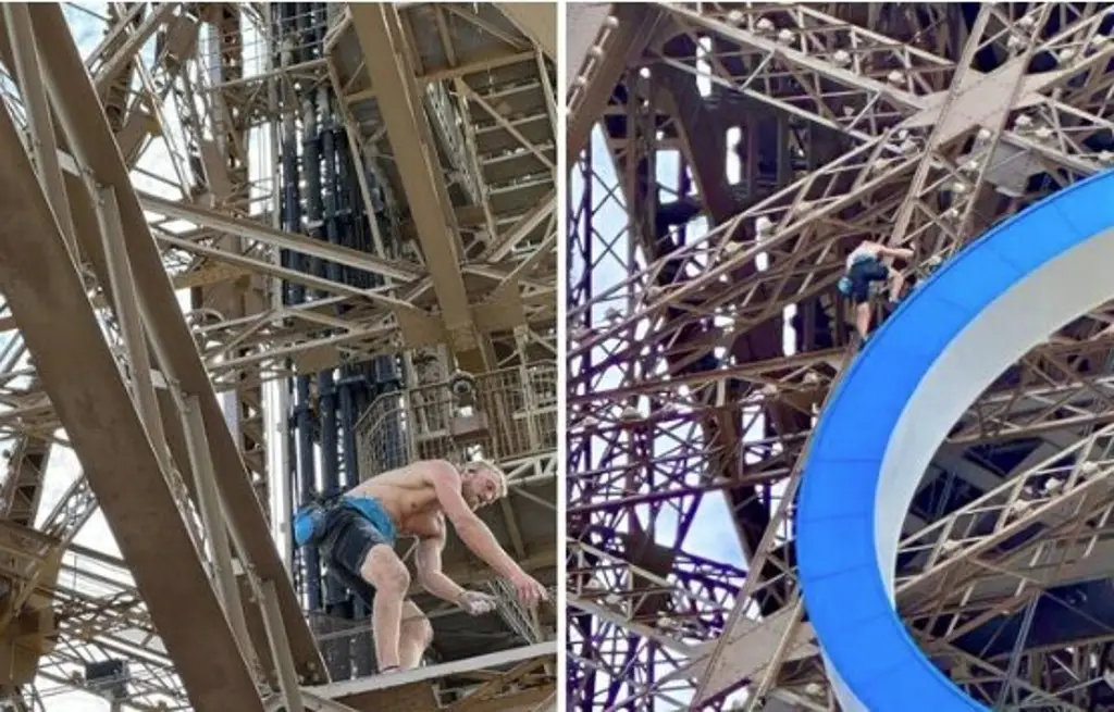 Imagen Detienen a hombre sin camisa escalando la torre Eiffel (+Video)