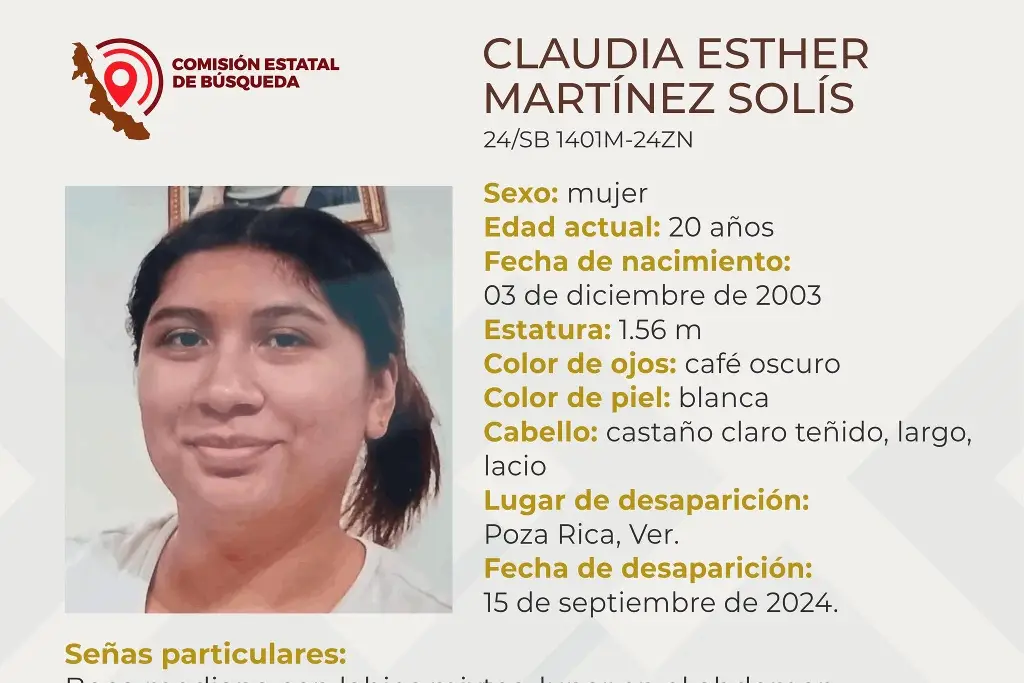 Imagen Ella es Claudia, tiene 20 años de edad y desapareció al norte de Veracruz 