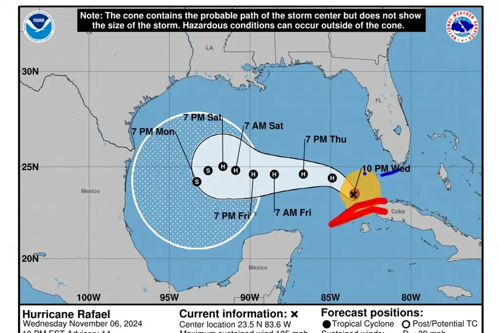 Imagen Huracán Rafael se aleja de Cuba; prevén giro en su trayectoria en el Golfo de México