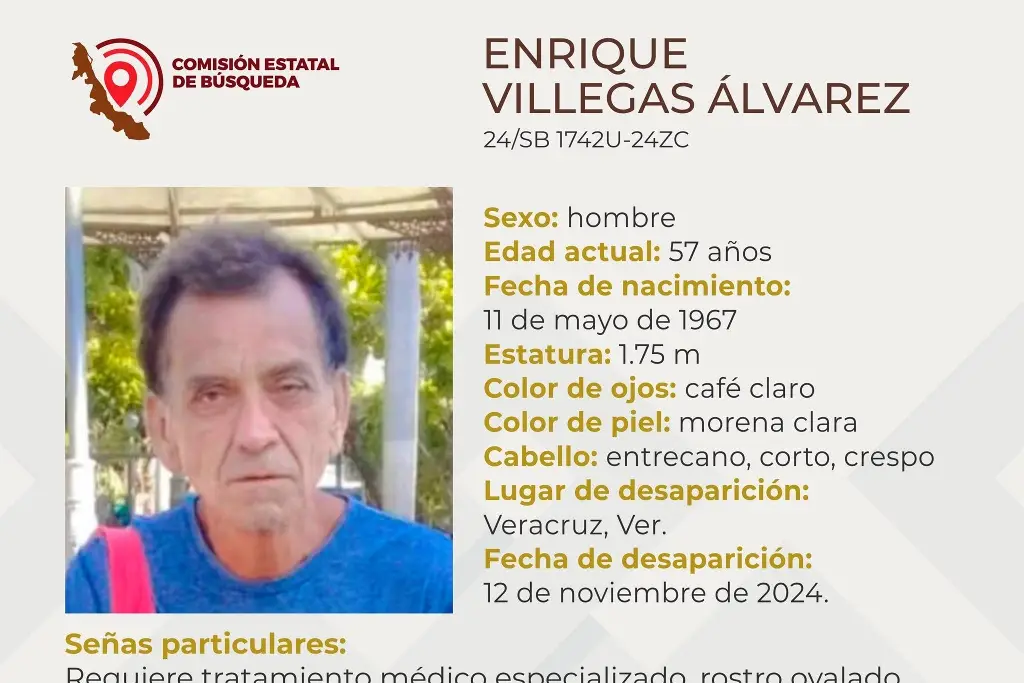 Imagen Él es Enrique, tiene 57 años y desapareció en la ciudad de Veracruz 