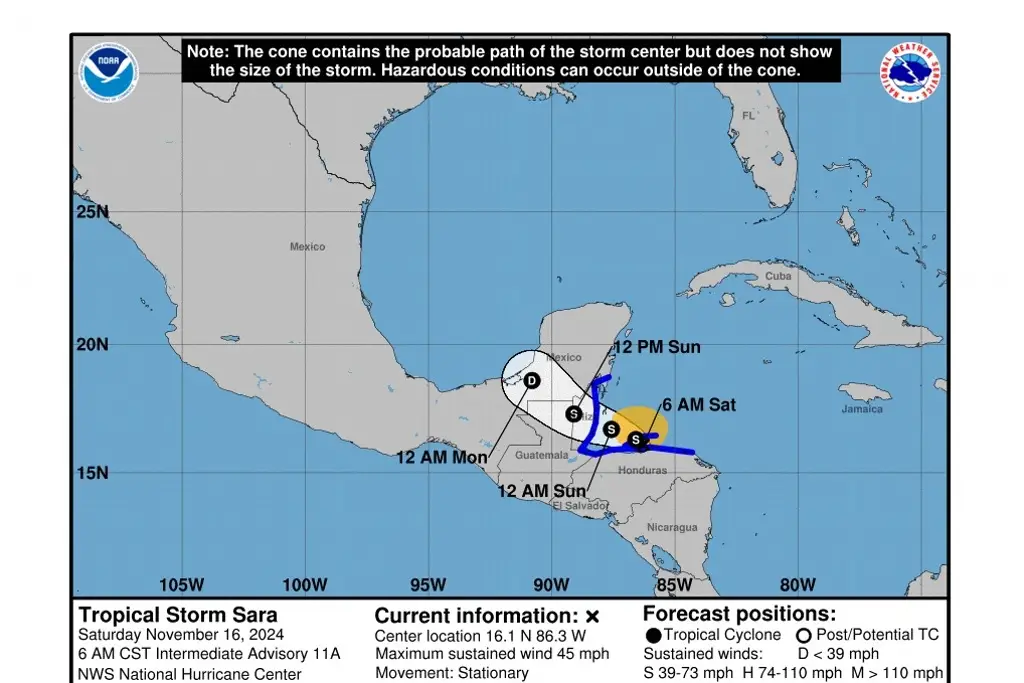 Imagen Tormenta Sara sigue estacionaria en costas de Honduras; prevén lluvias para Yucatán