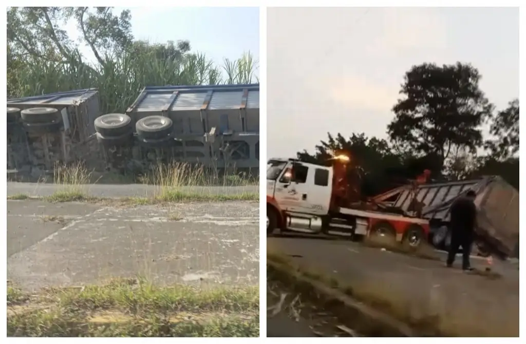 Imagen Vuelca tráiler de doble remolque en carretera de Veracruz (+Video)