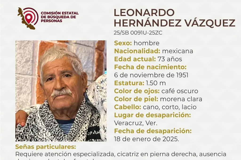 Imagen Él es Leonardo, tiene 73 años y desapareció en la ciudad de Veracruz 