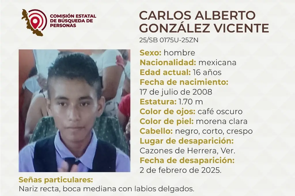 Imagen Él es Carlos, tiene 16 años y desapareció al norte de Veracruz; aquí sus características