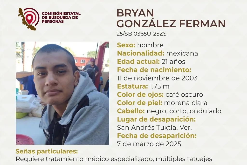 Imagen Él es Bryan, tiene 21 años y desapareció al sur de Veracruz; estas son sus características 