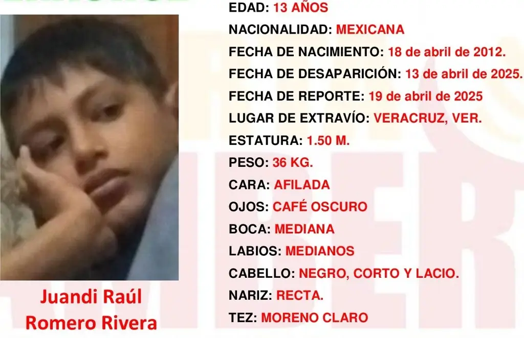 Imagen Emiten Alerta Amber por desaparición de menor en Veracruz