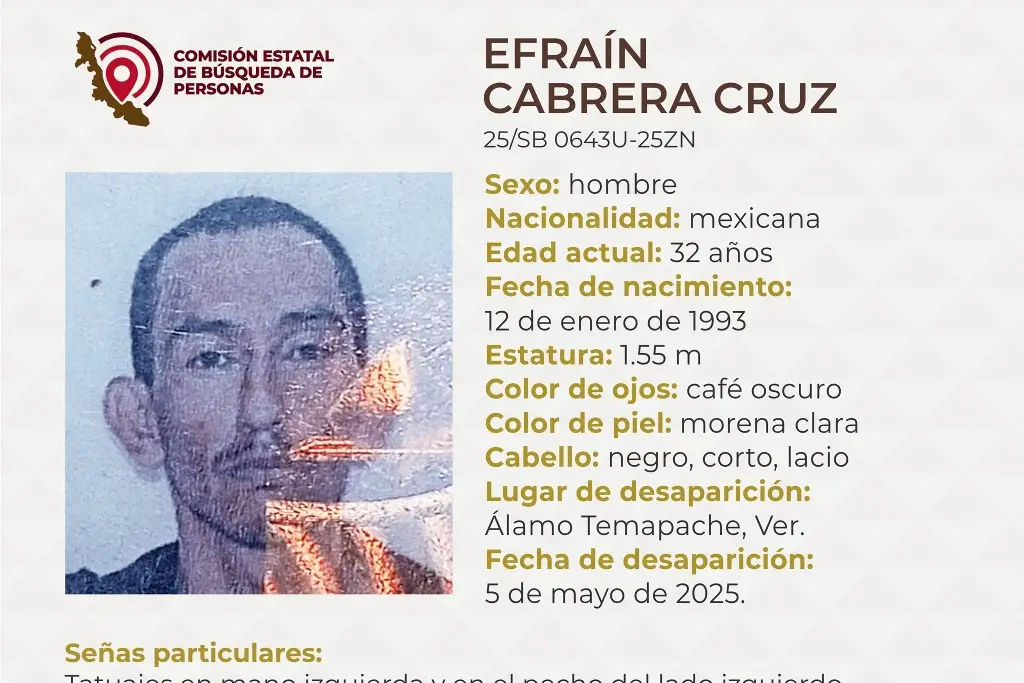 Imagen Desaparece hombre al norte de Veracruz; estas son sus características 