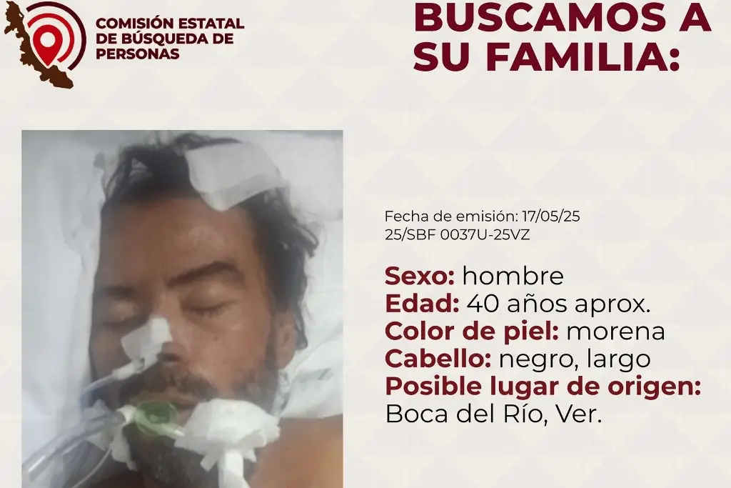 Imagen Buscan a familia de hombre hospitalizado en Boca del Río, Veracruz 