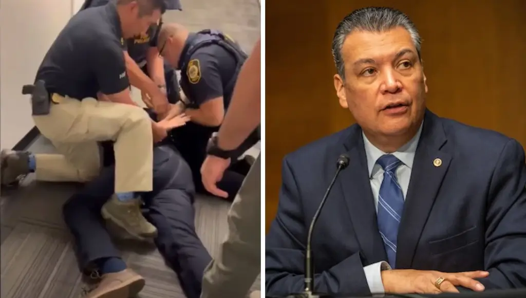 Imagen 'Imaginen cómo tratan a los trabajadores': senador de EU arrestado en conferencia de Kristi Noem