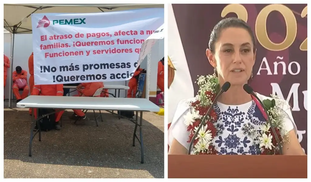 Durante visita de Sheinbaum a Coatza, petroleros y contratistas se manifiestan
