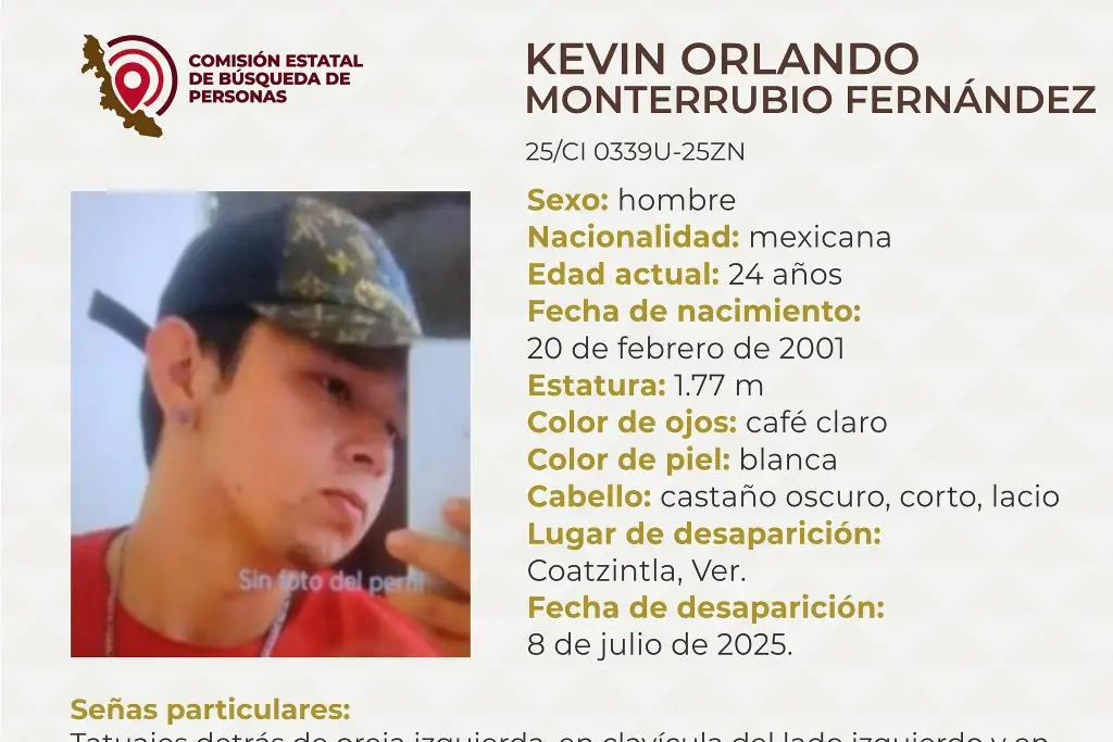 Imagen Él es Kevin, tiene 24 años y desapareció al norte de Veracruz; tiene tatuajes 