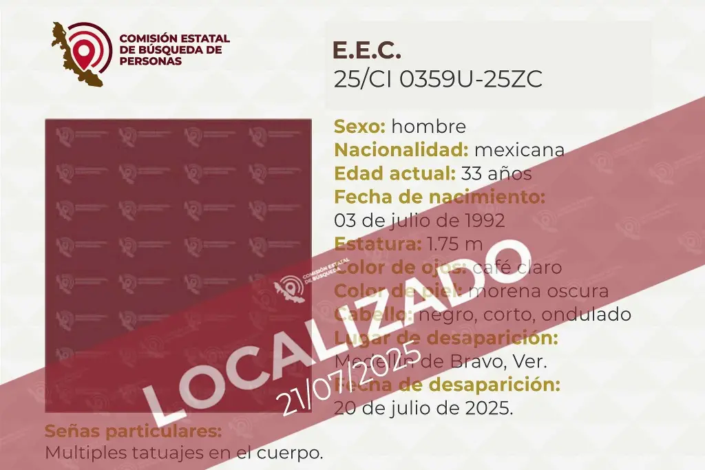 Imagen Localizan a hombre reportado como desaparecido en Medellín de Bravo 