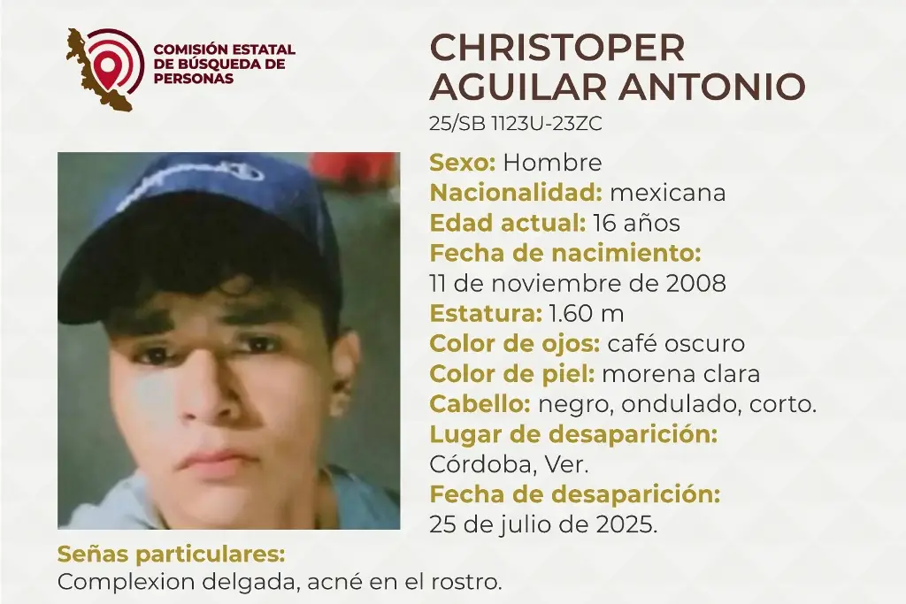 Imagen Piden apoyo para localizar a menor de edad desaparecido en Córdoba, Veracruz