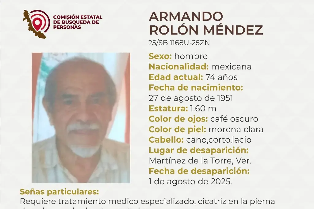 Imagen Adulto mayor desaparece al norte de Veracruz; estas son sus características 