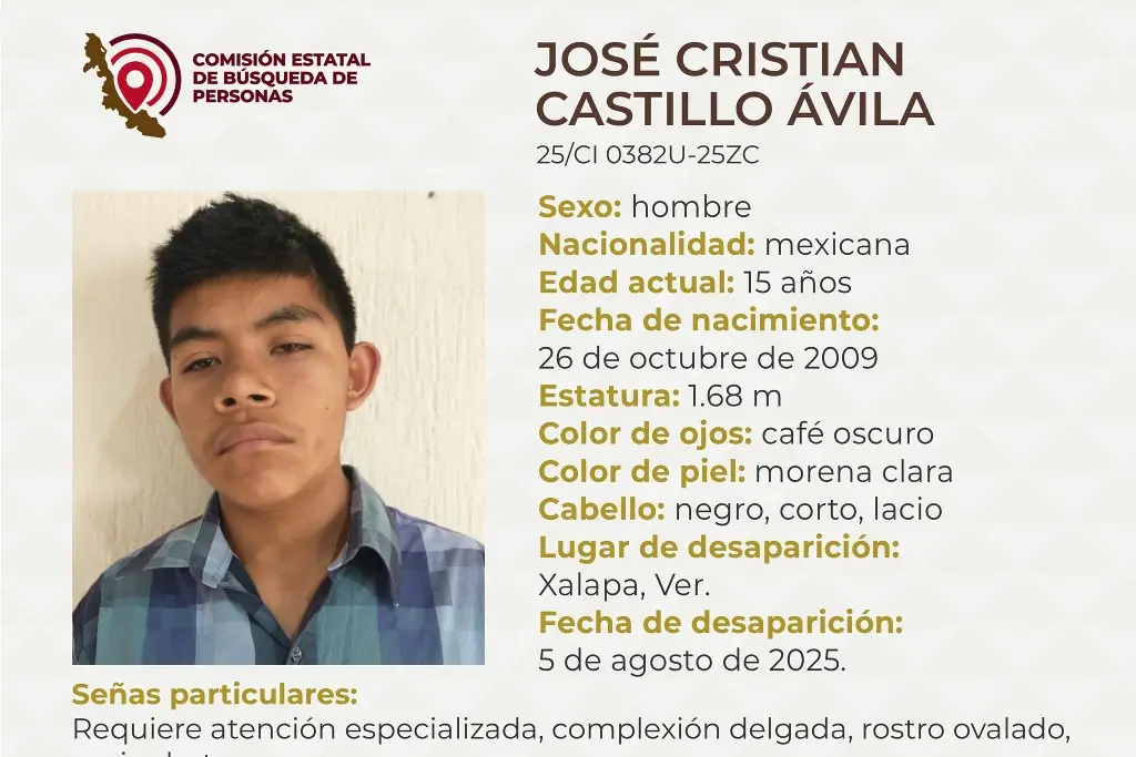 Imagen Menor de edad desaparece en Xalapa, Veracruz; aquí sus características 