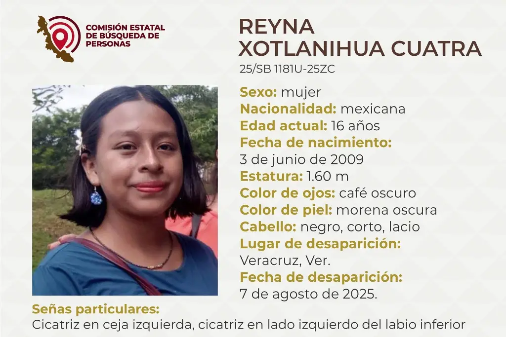 Imagen Ella es Reyna, tiene 16 años de edad y desapareció en la ciudad de Veracruz 