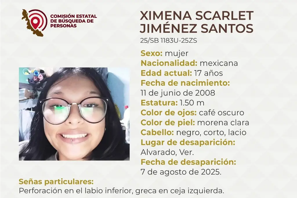 Imagen Piden apoyo para localizar a menor de edad desaparecida en Alvarado, Veracruz