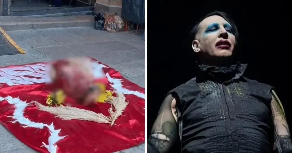 Imagen Dejan cabeza de vaca frente a la catedral de SLP, previo al concierto de Marilyn Manson