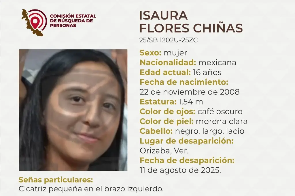Imagen Piden apoyo para localizar a menor de edad desaparecida en Orizaba, Veracruz 