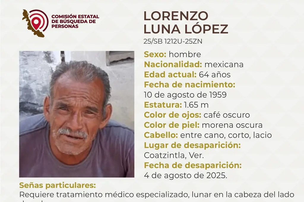 Imagen Piden apoyo para localizar a adulto mayor desaparecido al norte de Veracruz 
