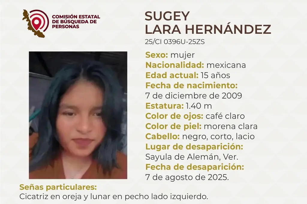 Imagen Piden apoyo para localizar a menor de edad desaparecida al sur de Veracruz