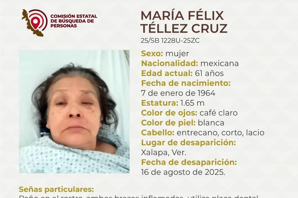 Imagen Piden apoyo para localizar a mujer de la tercera edad desaparecida en Xalapa, Veracruz