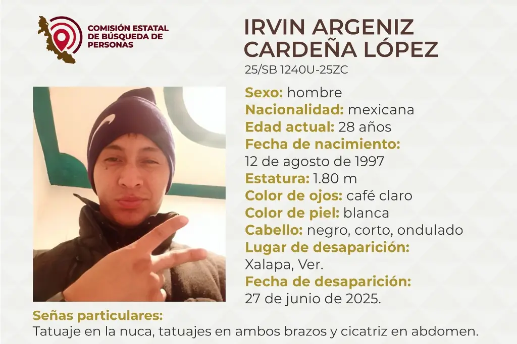Imagen Joven desaparece en Xalapa, Veracruz; tiene tatuaje en la nuca y en brazos