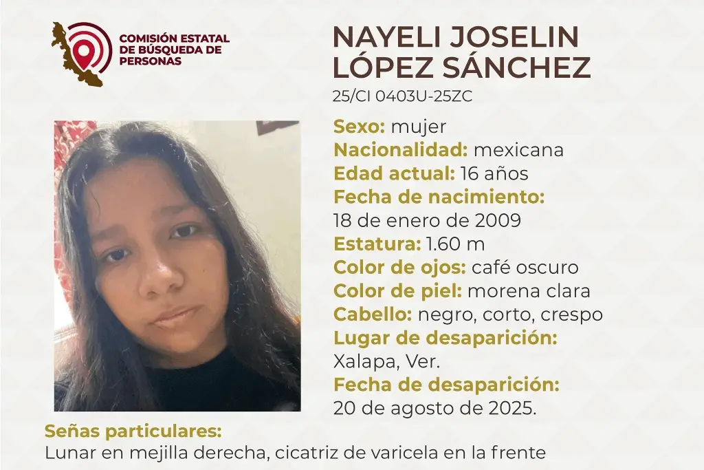 Imagen Piden apoyo para localizar a menor de edad desaparecida en Xalapa, Veracruz